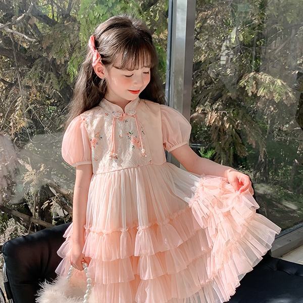 2024 New Design Boutique Pink Short Sleeves Flower Girl's Dress Princess Style Birthday Party Clothing for Baby Kids