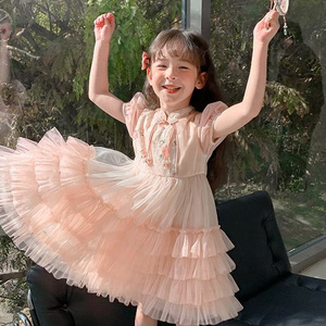 2024 New Design Boutique Pink Short Sleeves Flower Girl's Dress Princess Style Birthday Party Clothing for Baby Kids