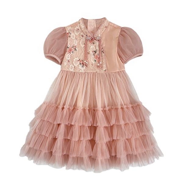 2024 New Design Boutique Pink Short Sleeves Flower Girl's Dress Princess Style Birthday Party Clothing for Baby Kids