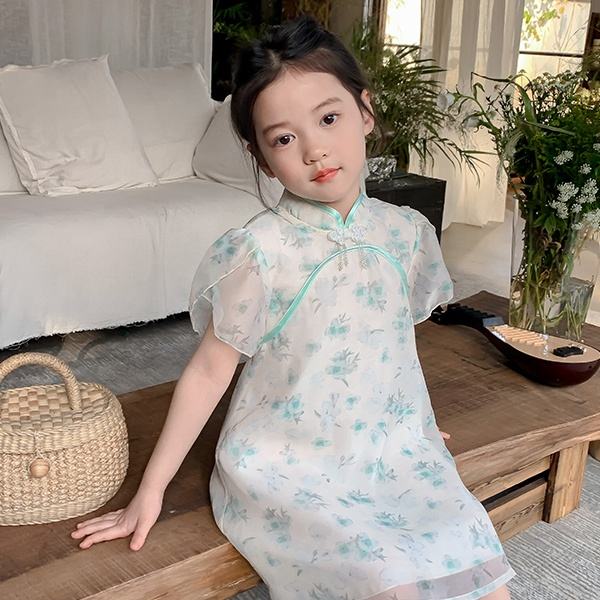 2024 Summer Fancy Design Butterfly Chinese Style Dress for Baby Girl Short Sleeves Birthday Party Dress for Children