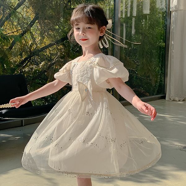 Wholesale Boutique Yellow Princess Dress for Baby Girls Fancy Design Party Dress for Children Short Sleeves Kids Clothing