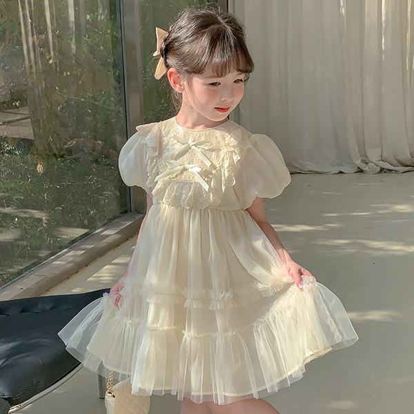 2024 Summer Plain Yellow Girl's Dress Wedding Birthday Princess Dress with Bows Short Sleeves Clothing for Kids