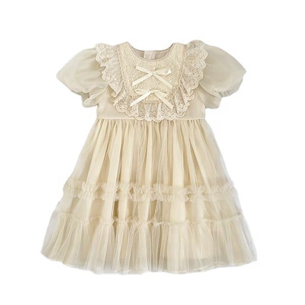 2024 Summer Plain Yellow Girl's Dress Wedding Birthday Princess Dress with Bows Short Sleeves Clothing for Kids