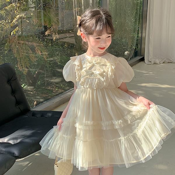 2024 Summer Plain Yellow Girl's Dress Wedding Birthday Princess Dress with Bows Short Sleeves Clothing for Kids