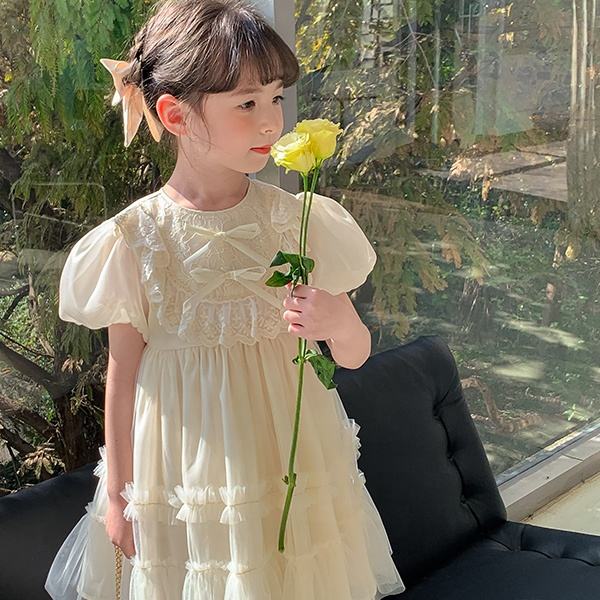 2024 Summer Plain Yellow Girl's Dress Wedding Birthday Princess Dress with Bows Short Sleeves Clothing for Kids