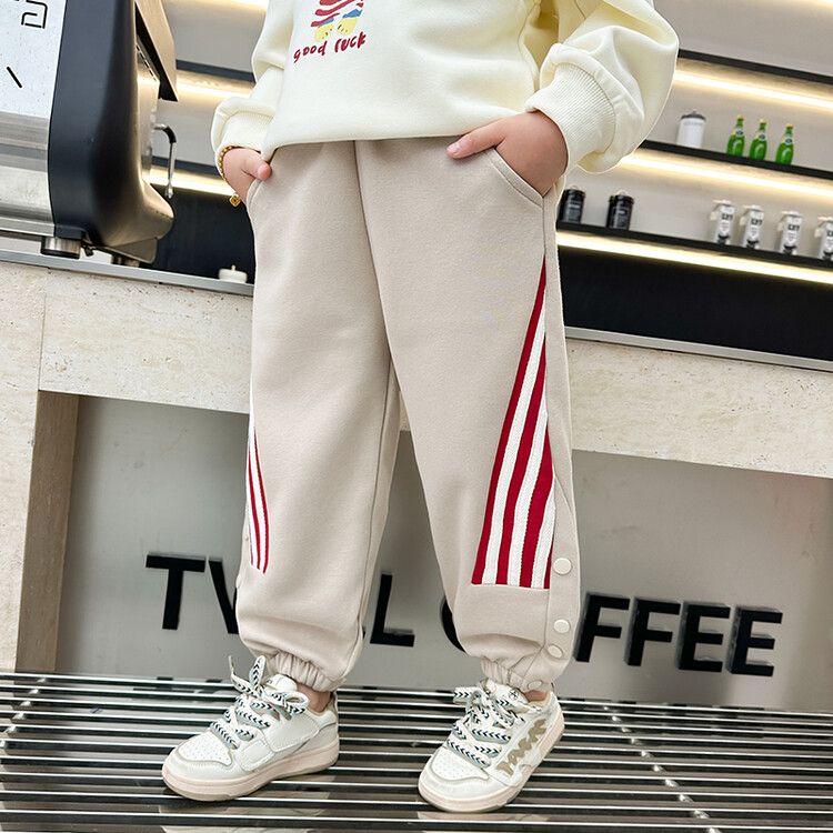 Girls' Beige Jogger Pants with Red Striped Panels and Buttoned Cuffs - Casual Activewear Trousers for Kids