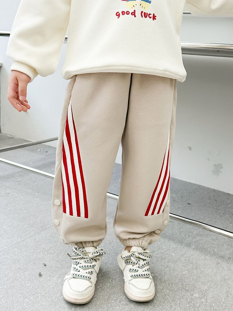 Girls' Beige Jogger Pants with Red Striped Panels and Buttoned Cuffs - Casual Activewear Trousers for Kids