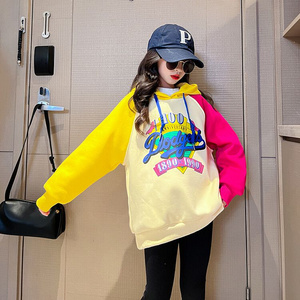 Girls' Colorblock Long-Sleeve Hoodie with Graphic Print - Fleece-Lined Pullover for Fall and Winter, Stylish