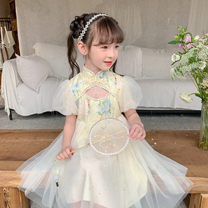 2024 Boutique Chinese Style Flower Girl's Dress Stand Collar Clothing for Kids Birthday Party Dress Teenage Dress