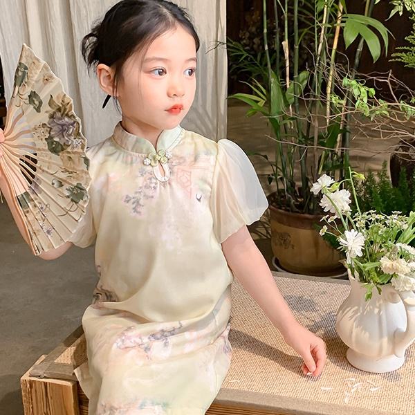 2024 Boutique Wholesale New Chinese Style Short Sleeves Girl's Dress Wedding Party Clothing for Kids Children