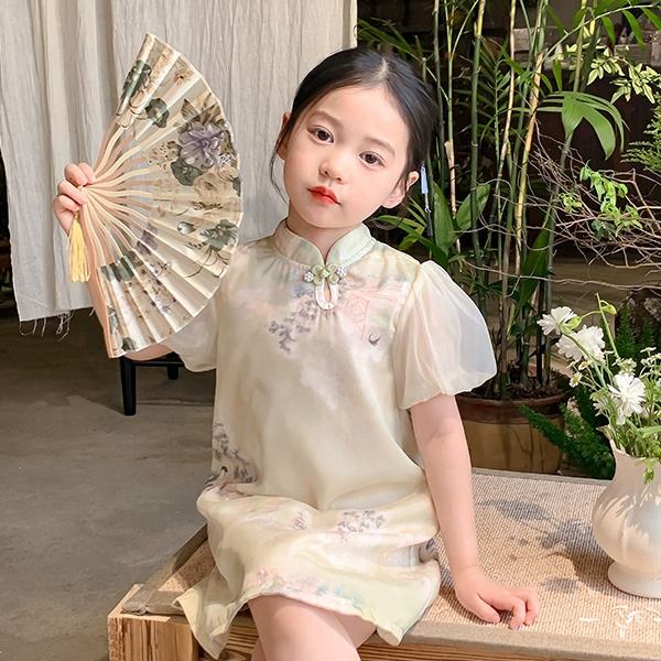 2024 Boutique Wholesale New Chinese Style Short Sleeves Girl's Dress Wedding Party Clothing for Kids Children