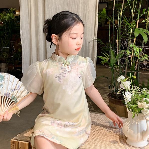 2024 Boutique Wholesale New Chinese Style Short Sleeves Girl's Dress Wedding Party Clothing for Kids Children