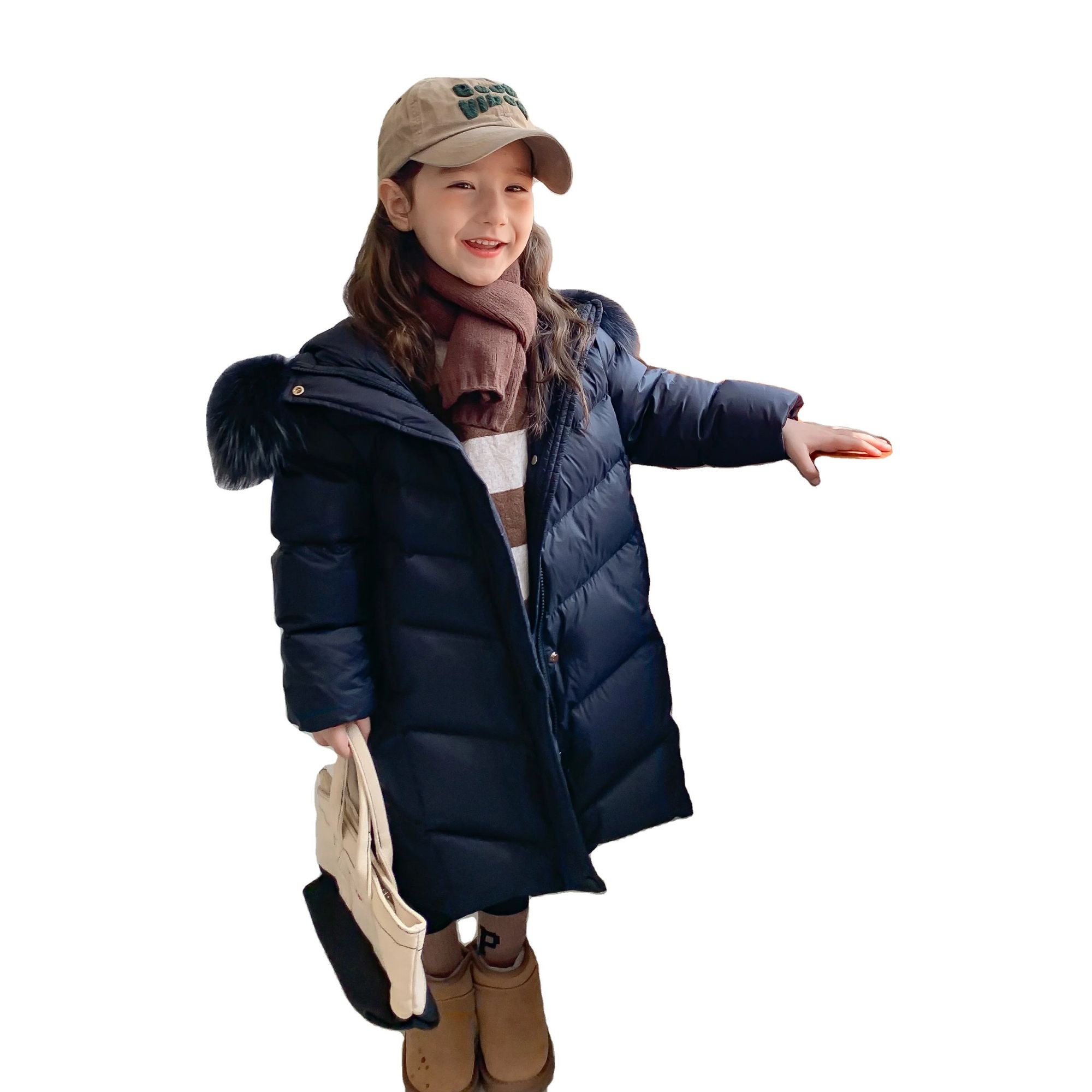 Black gold down jacket goose down children's clothing factory direct sales girl goose down jacket medium length with fur collar