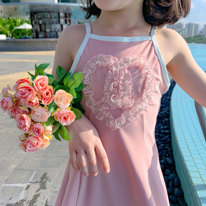 RTS Children Fashion Flower Heart Decorative Swimsuits Girls' Sleeveless One-piece Suspender Swimwear