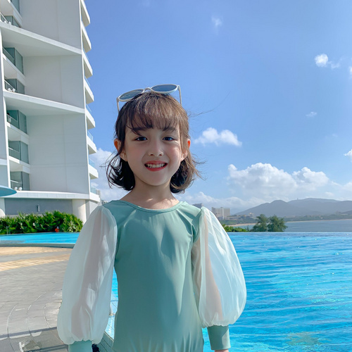 RTS Hot Sale Gauze Sleeves Clothing One-piece Girl Swimwear Baby Long Sleeve Swimsuit Set Kids Girl Swimwear With Hat