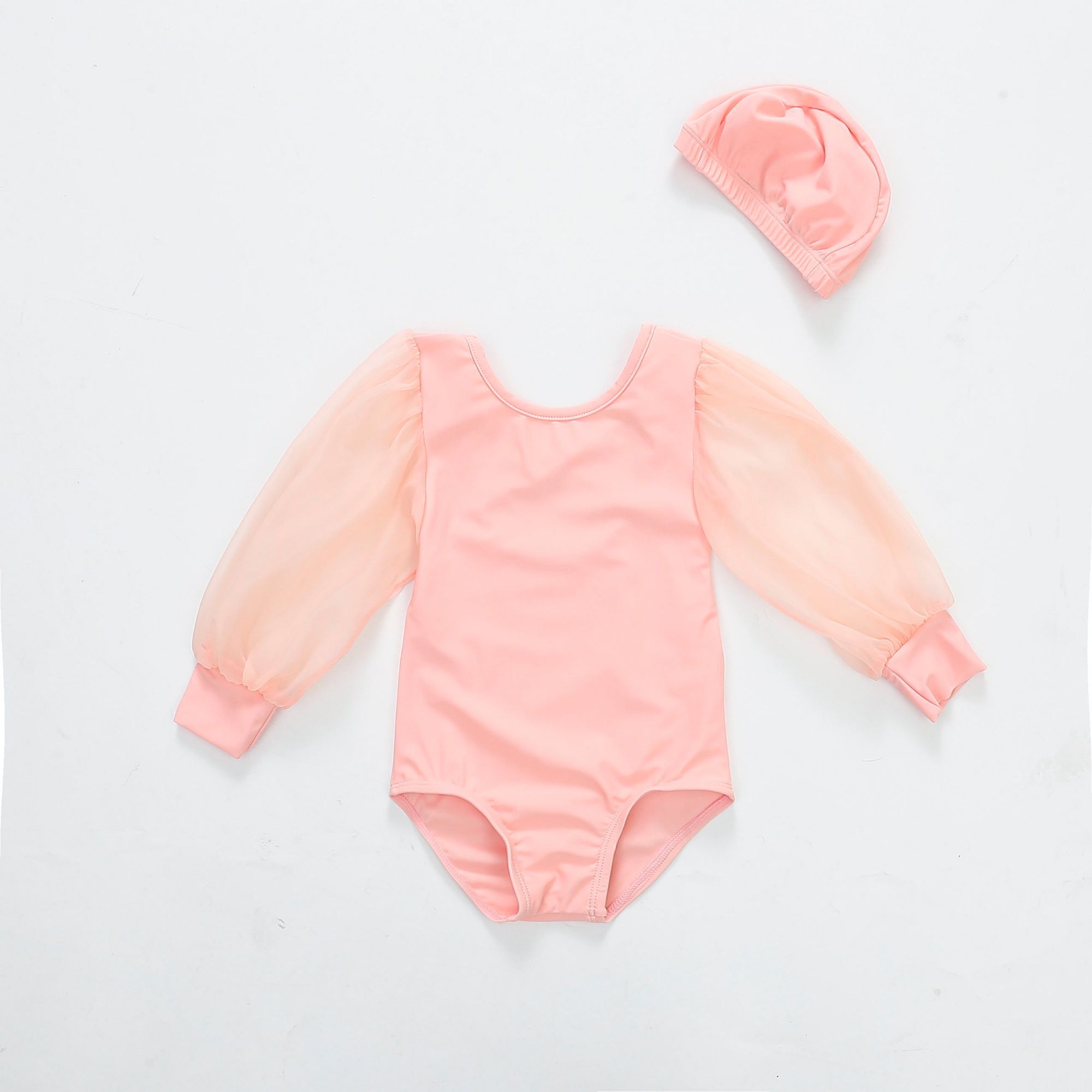 RTS Hot Sale Gauze Sleeves Clothing One-piece Girl Swimwear Baby Long Sleeve Swimsuit Set Kids Girl Swimwear With Hat