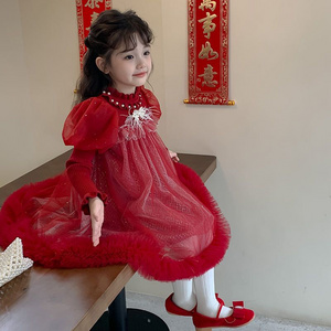 RTS Winter High-end Luxury Children Gauze Skirt Holiday New Design Red Color Girls Baby Lovely Children Dress