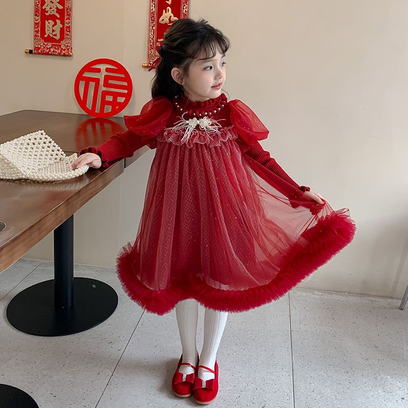 RTS Winter High-end Luxury Children Gauze Skirt Holiday New Design Red Color Girls Baby Lovely Children Dress