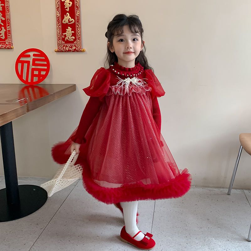 RTS Winter High-end Luxury Children Gauze Skirt Holiday New Design Red Color Girls Baby Lovely Children Dress