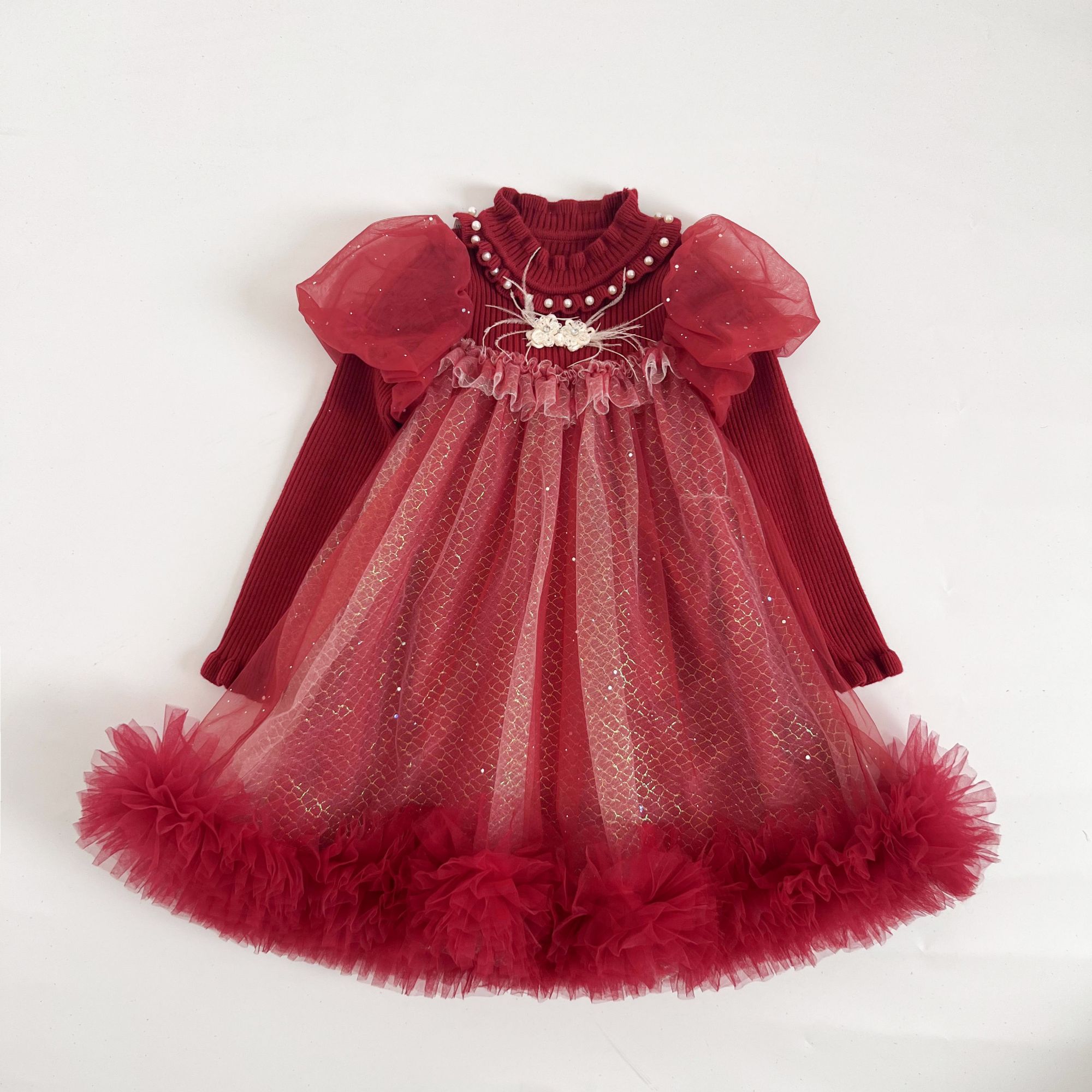 RTS Winter High-end Luxury Children Gauze Skirt Holiday New Design Red Color Girls Baby Lovely Children Dress