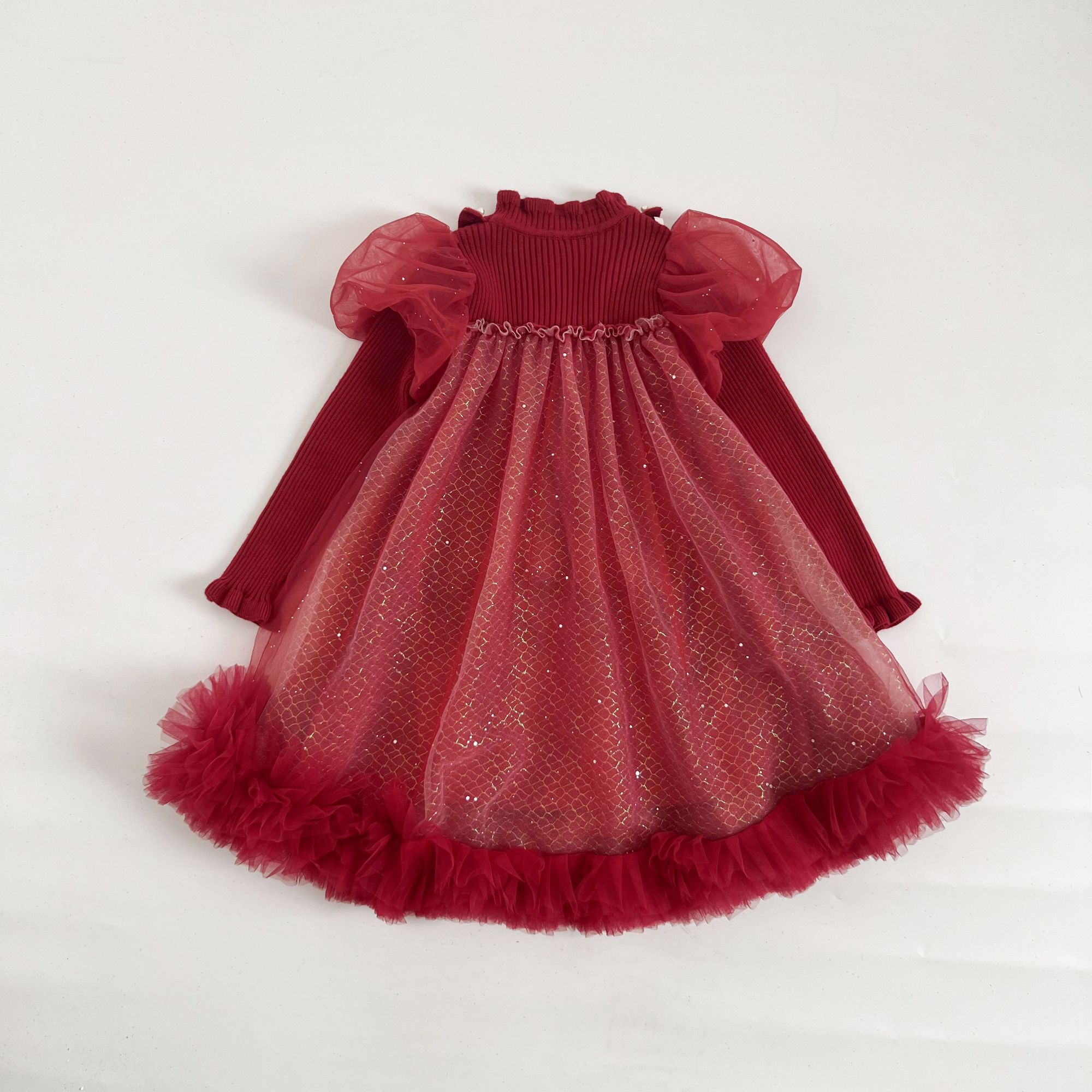 RTS Winter High-end Luxury Children Gauze Skirt Holiday New Design Red Color Girls Baby Lovely Children Dress