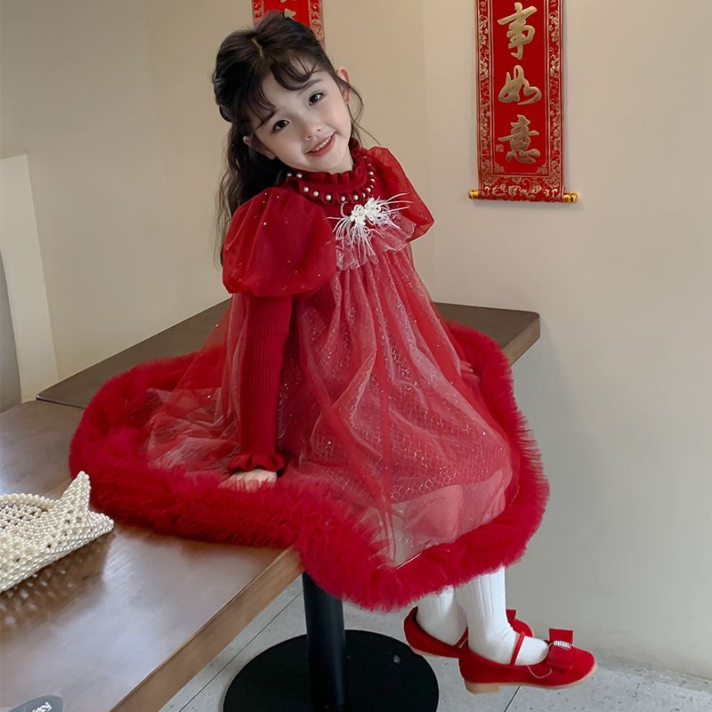 RTS Winter High-end Luxury Children Gauze Skirt Holiday New Design Red Color Girls Baby Lovely Children Dress