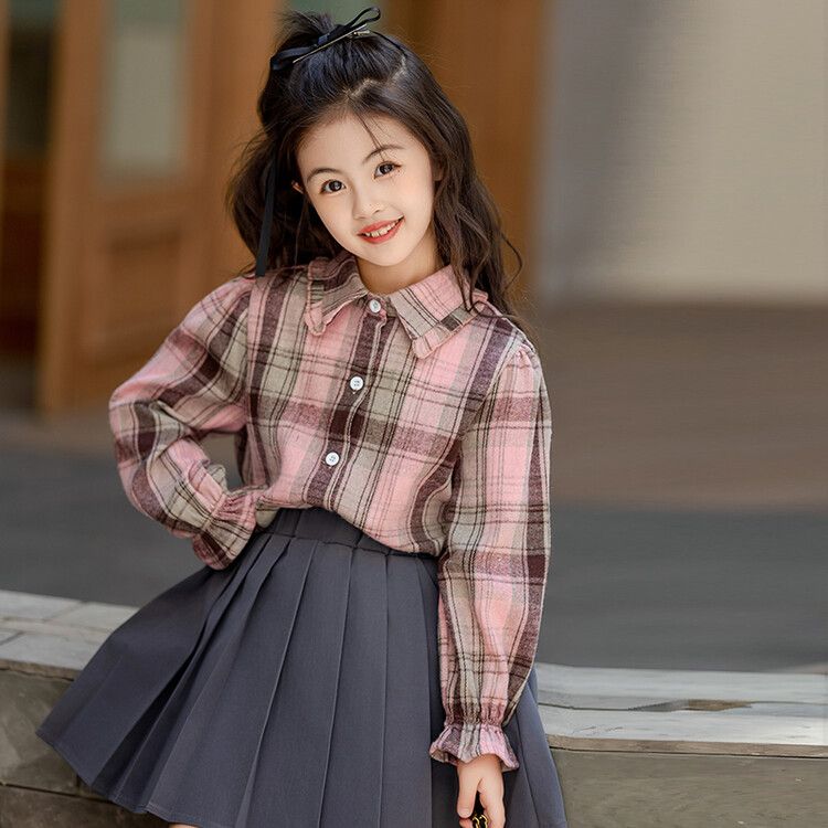 Girls' Plaid Long-Sleeve Shirt and Pleated Skirt Set - Pink and Gray Autumn Fashion Outfit for Kids