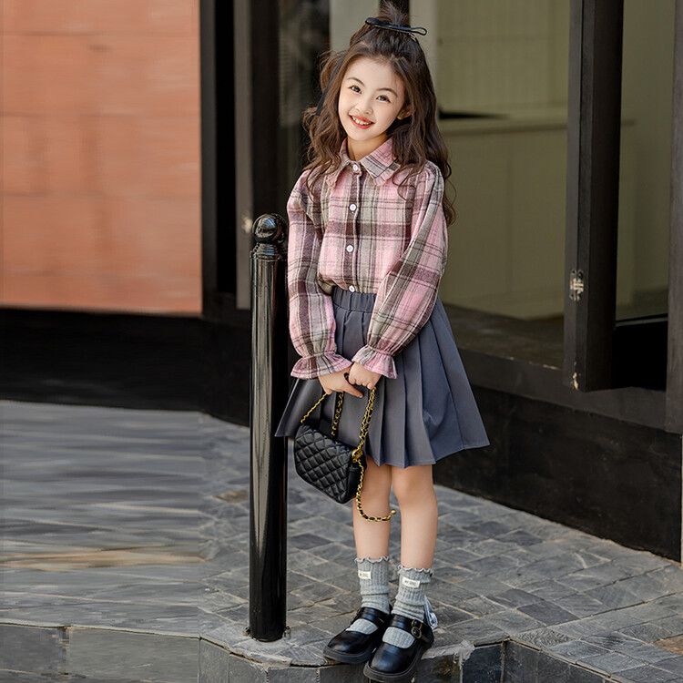 Girls' Plaid Long-Sleeve Shirt and Pleated Skirt Set - Pink and Gray Autumn Fashion Outfit for Kids