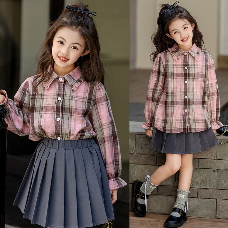 Girls' Plaid Long-Sleeve Shirt and Pleated Skirt Set - Pink and Gray Autumn Fashion Outfit for Kids