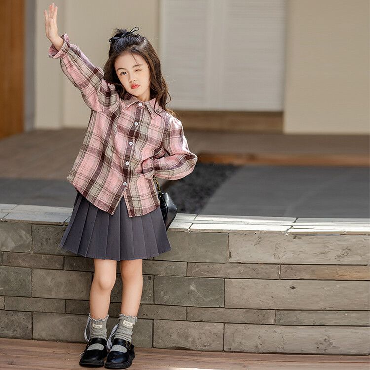 Girls' Plaid Long-Sleeve Shirt and Pleated Skirt Set - Pink and Gray Autumn Fashion Outfit for Kids