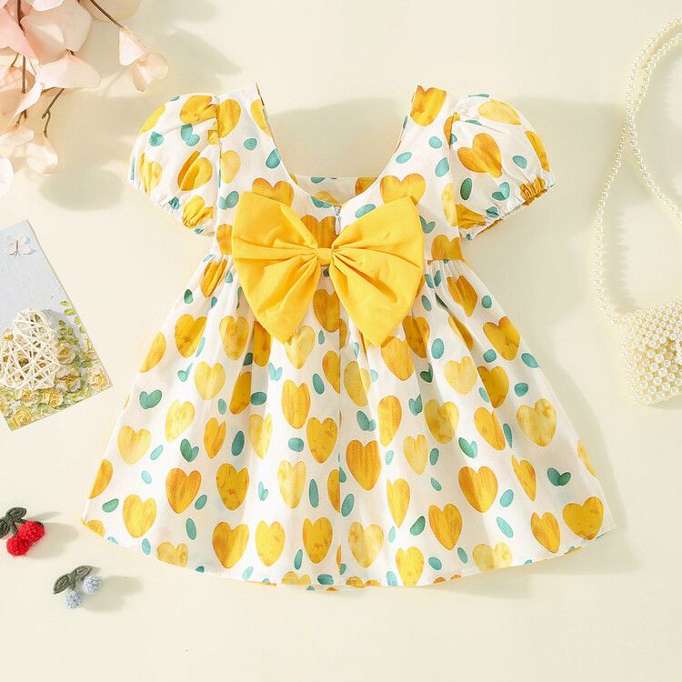 Girls' Heart-Print Puff Sleeve Dress with Bow Detail - Colorful Summer Dress for Toddlers and Little Girls