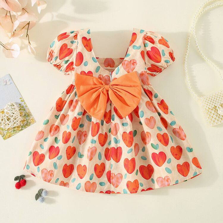 Girls' Heart-Print Puff Sleeve Dress with Bow Detail - Colorful Summer Dress for Toddlers and Little Girls