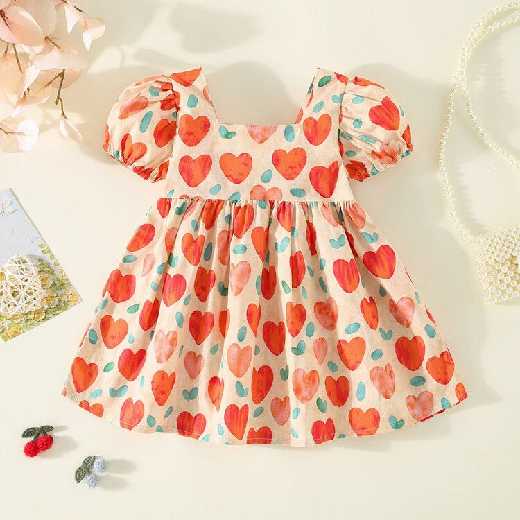 Girls' Heart-Print Puff Sleeve Dress with Bow Detail - Colorful Summer Dress for Toddlers and Little Girls