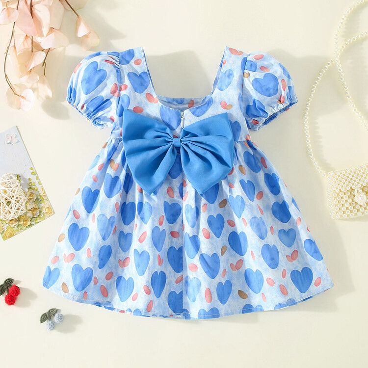 Girls' Heart-Print Puff Sleeve Dress with Bow Detail - Colorful Summer Dress for Toddlers and Little Girls