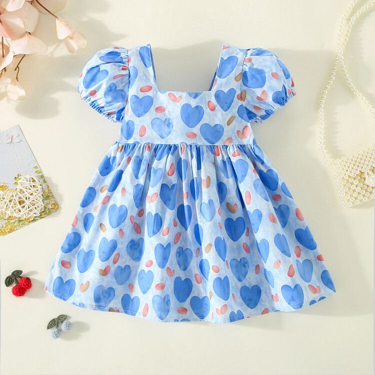 Girls' Heart-Print Puff Sleeve Dress with Bow Detail - Colorful Summer Dress for Toddlers and Little Girls