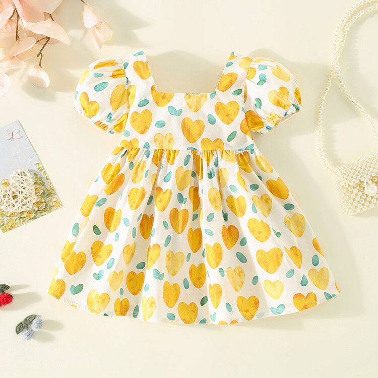 Girls' Heart-Print Puff Sleeve Dress with Bow Detail - Colorful Summer Dress for Toddlers and Little Girls