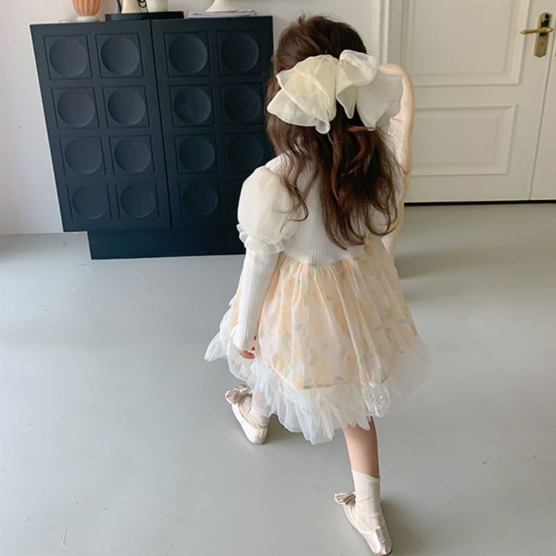 OEM Girls Fashion Beige Sweater Dress Children Party Princess Kids Dresses OEM Spring and Autumn for Girls Full Long Sleeve