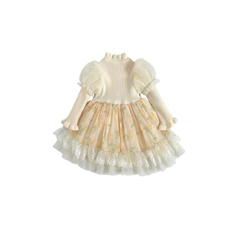 OEM Girls Fashion Beige Sweater Dress Children Party Princess Kids Dresses OEM Spring and Autumn for Girls Full Long Sleeve