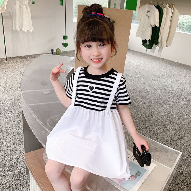 Girls' Striped T-Shirt Dress with Suspender Skirt - Black and White Casual Summer Outfit for Toddlers