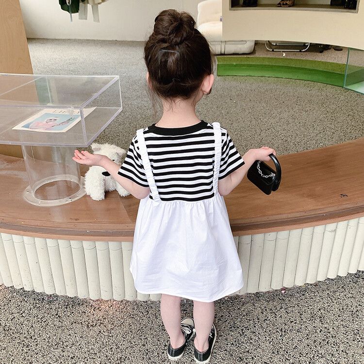 Girls' Striped T-Shirt Dress with Suspender Skirt - Black and White Casual Summer Outfit for Toddlers