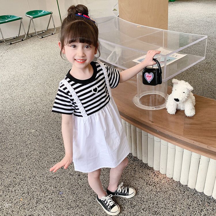 Girls' Striped T-Shirt Dress with Suspender Skirt - Black and White Casual Summer Outfit for Toddlers