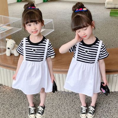 Girls' Striped T-Shirt Dress with Suspender Skirt - Black and White Casual Summer Outfit for Toddlers