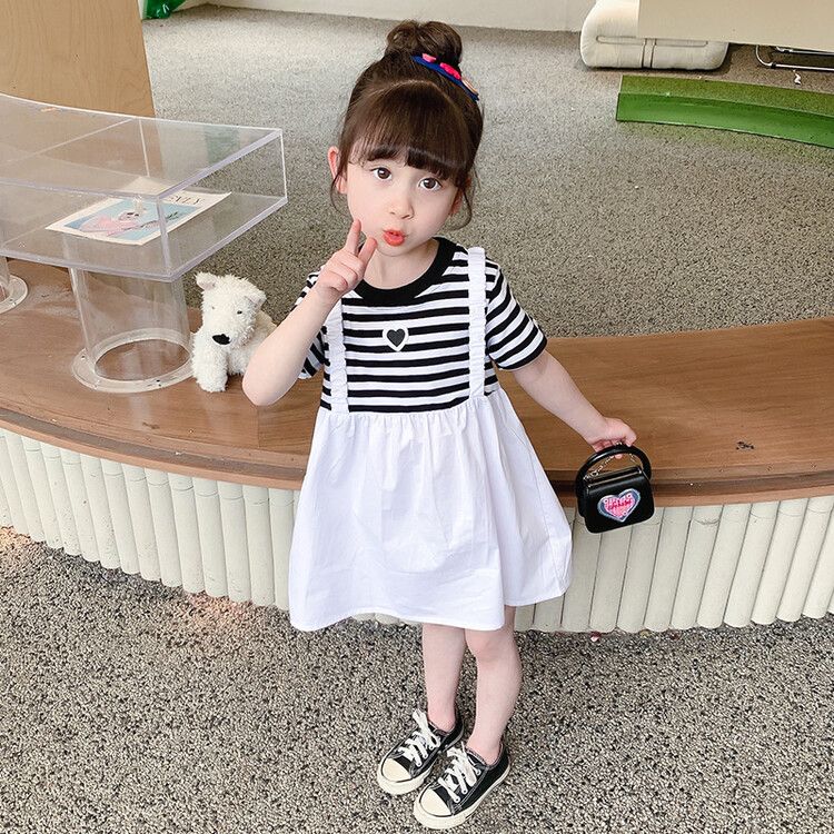 Girls' Striped T-Shirt Dress with Suspender Skirt - Black and White Casual Summer Outfit for Toddlers