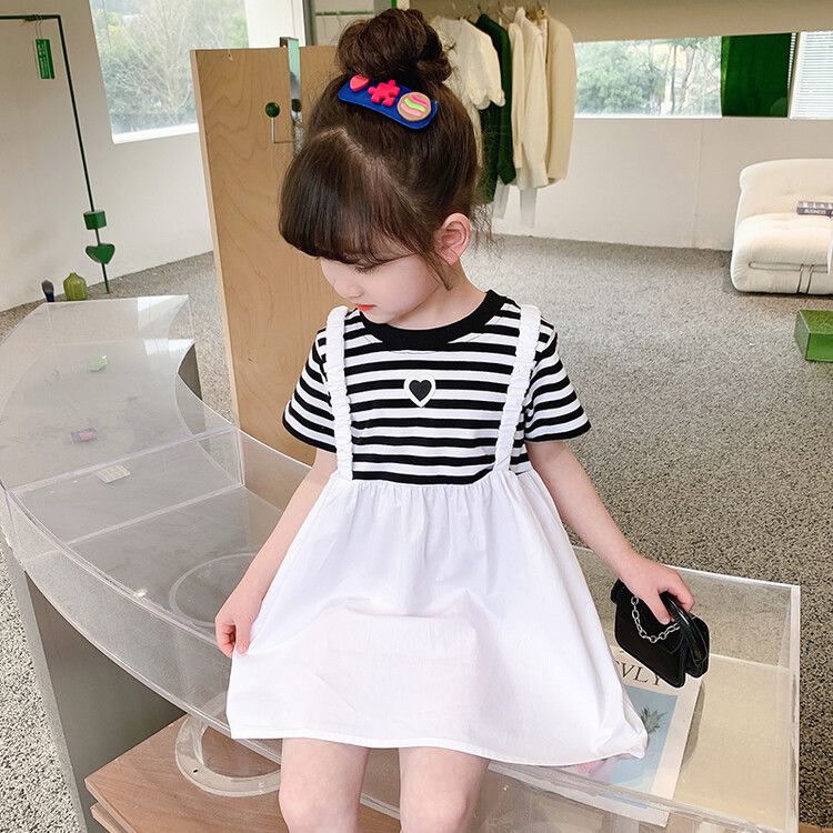 Girls' Striped T-Shirt Dress with Suspender Skirt - Black and White Casual Summer Outfit for Toddlers