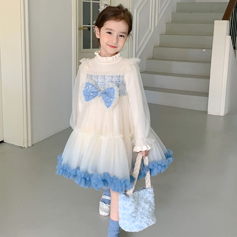 Autumn Girls Fashion Blue Sweater+yarn Dress Children Party Princess Dress for Kids Full Long Sleeve Embroidery Print A-line