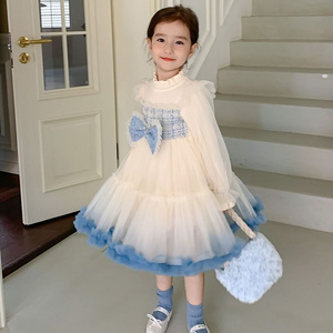 Autumn Girls Fashion Blue Sweater+yarn Dress Children Party Princess Dress for Kids Full Long Sleeve Embroidery Print A-line