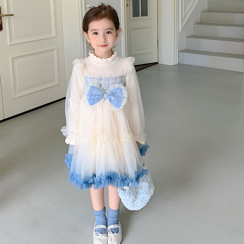 Autumn Girls Fashion Blue Sweater+yarn Dress Children Party Princess Dress for Kids Full Long Sleeve Embroidery Print A-line