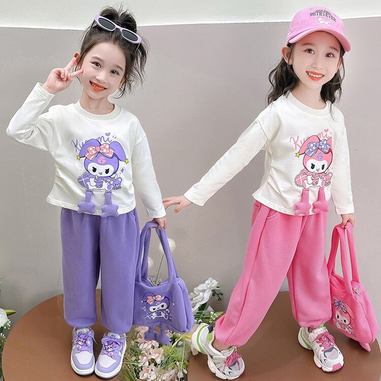 Girls' Adorable Cartoon Kuromi Sweatshirt and Plush Pants Set - Long-Sleeve Casual Outfit Pink & Purple Colors