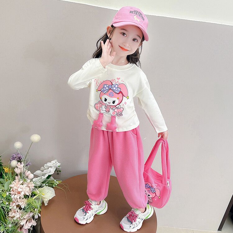 Girls' Adorable Cartoon Kuromi Sweatshirt and Plush Pants Set - Long-Sleeve Casual Outfit Pink & Purple Colors