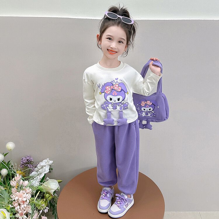 Girls' Adorable Cartoon Kuromi Sweatshirt and Plush Pants Set - Long-Sleeve Casual Outfit Pink & Purple Colors